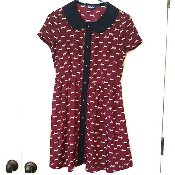 Maroon weiner dog print dress Peter Pan collar