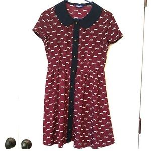Maroon weiner dog print dress Peter Pan collar