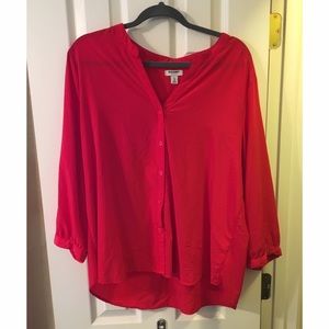 Red silk-like button up blouse