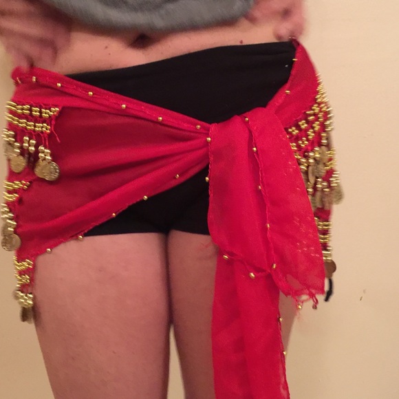 Red w/ Golden Medallions & Bead belly dancer scarf - Picture 2 of 4