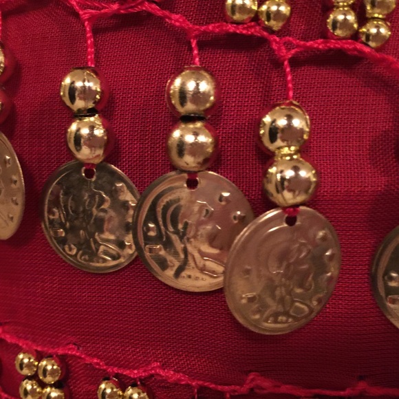 Red w/ Golden Medallions & Bead belly dancer scarf - Picture 3 of 4