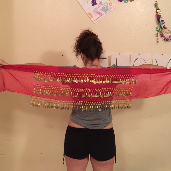 Red w/ Golden Medallions & Bead belly dancer scarf - Picture 4 of 4