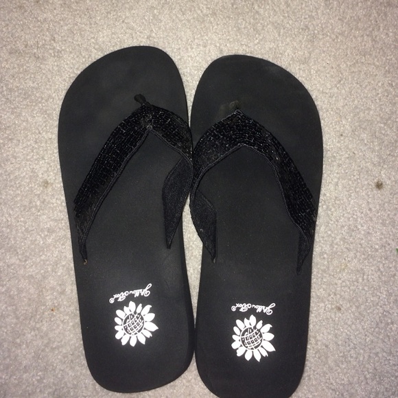 Black sequin yellow box flip flops