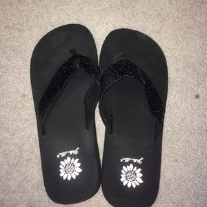 Black sequin yellow box flip flops