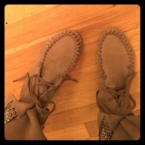 Suede tan lace up moccasin like short booties