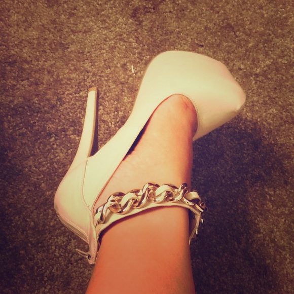 Nude gold chain ankle strap platform pumps