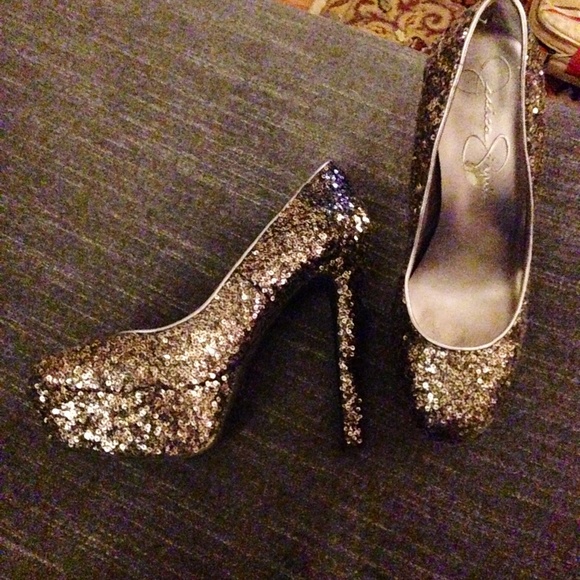 Jessica Simpson Shoes - Bronze sequined silver piping platform heels