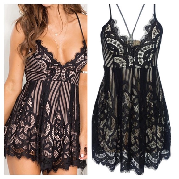 ️Black and Nude Lace Lace Up Back Romper - Picture 2 of 4