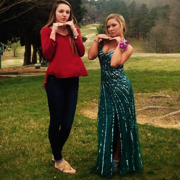 Dark teal prom dress.