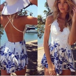 Lace and floral flowy romper! Open back!