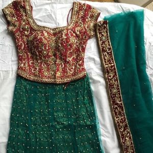 Red and turquoise Indian outfit