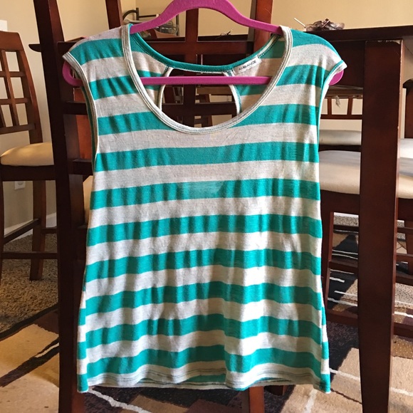 Teal and grey stripped top with open back