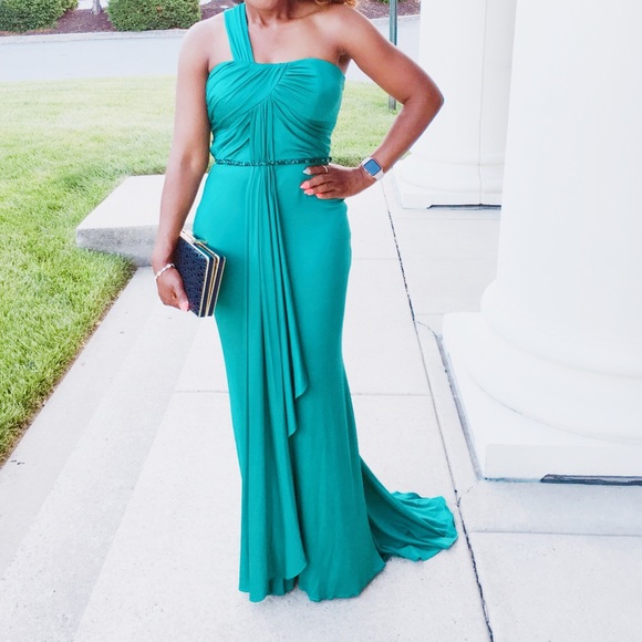 Badgley Mischka OneShoulder Draped Gown Aquamarine