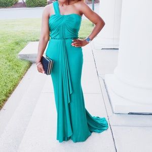 Badgley Mischka OneShoulder Draped Gown Aquamarine