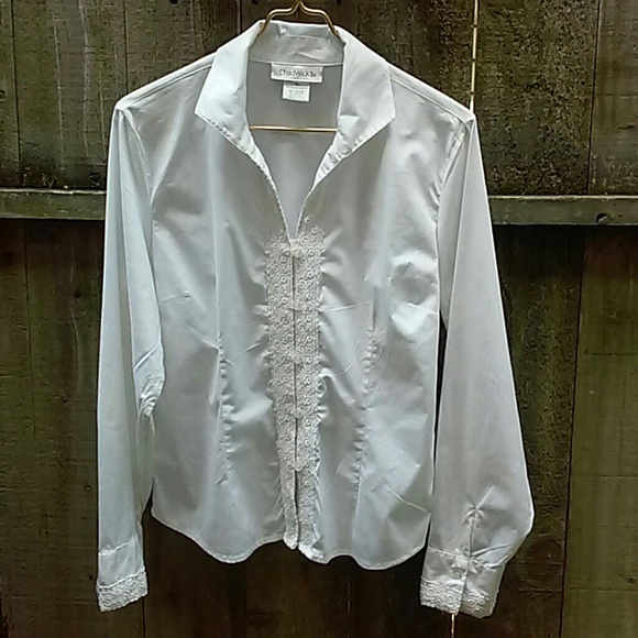 White lace trimmed long sleeve cotton blouse