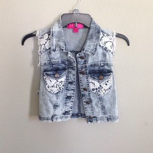 distressed denim/lace vest