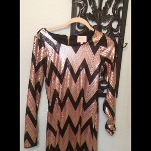 Rose, gold, and black sequin chevron dress