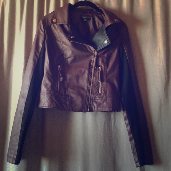 Maroon and black faux leather jacket