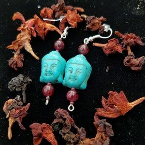 Turqoise buddah & red garnet eareings