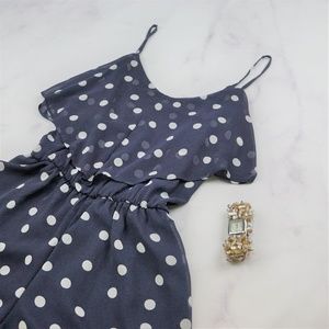 Polka dot romper navy ivory ruffled bodice Polka dot romper navy ivory ruffled bodice