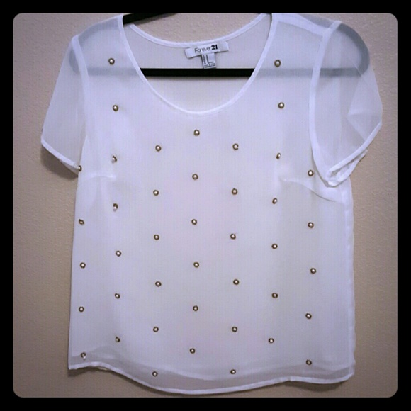 Sheer white blouse with pearl beading