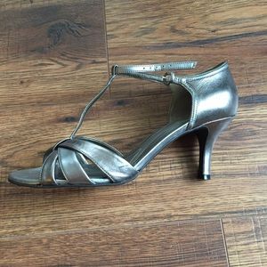Silver t-strap low heel. WORN ONCE!