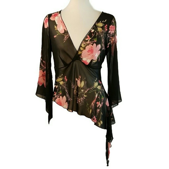 Poetry Boho Sheer Asymmetric Fem Floral Top M-L