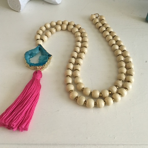 Cream, turquoise stone, and pink tassel necklace