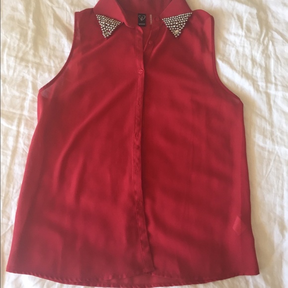 Red, studded collar button up