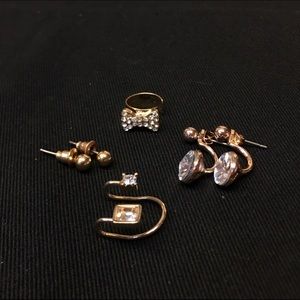 4 piece Set of Gold & Rhinestone Earrings/Cuffs