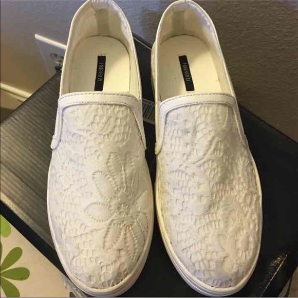 F21 white lace platform sneakers, size 8