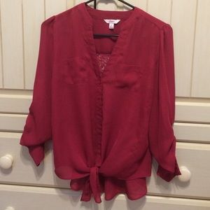 Berry colored button down top with lace detailing