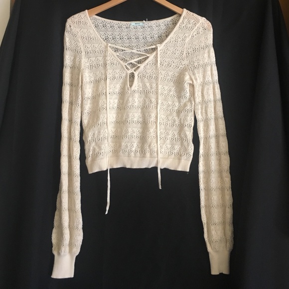 Crocheted, cream, lace up, Long sleeve sweater - Picture 1 of 4