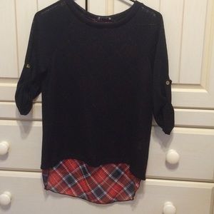 Lightweight black sweater with red plaid back