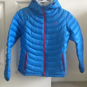 Blue micro-down jacket with hood