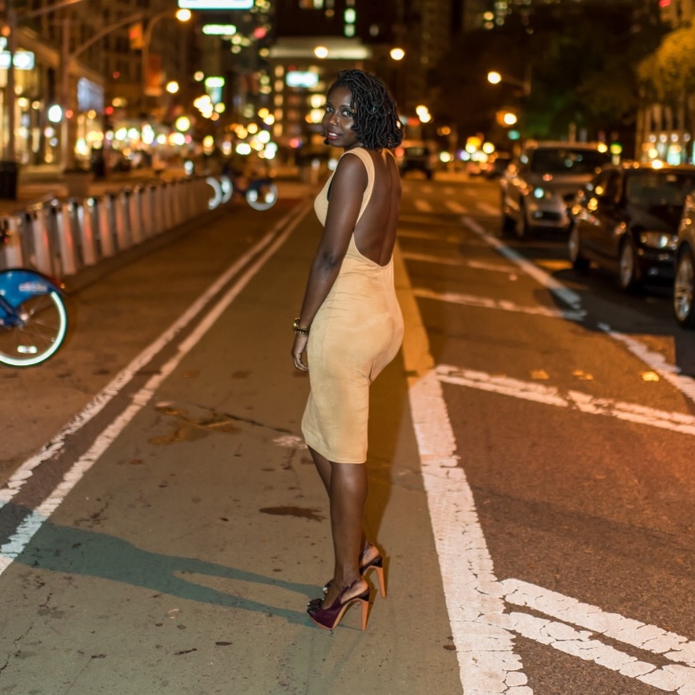 Nude suede scoop neck bodycon dress