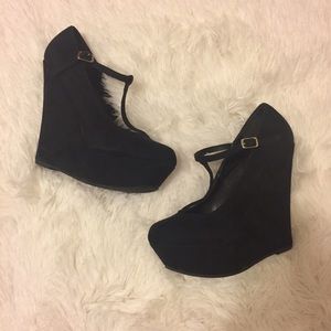 Black suede Mary Jane wedges