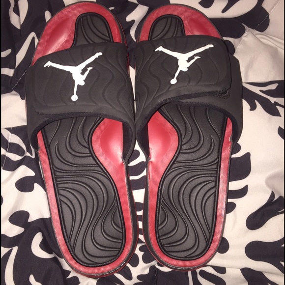 Red and black Jordan slides