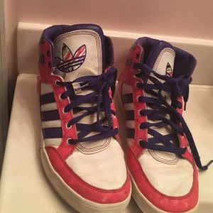 Pink, white, and purple adidas