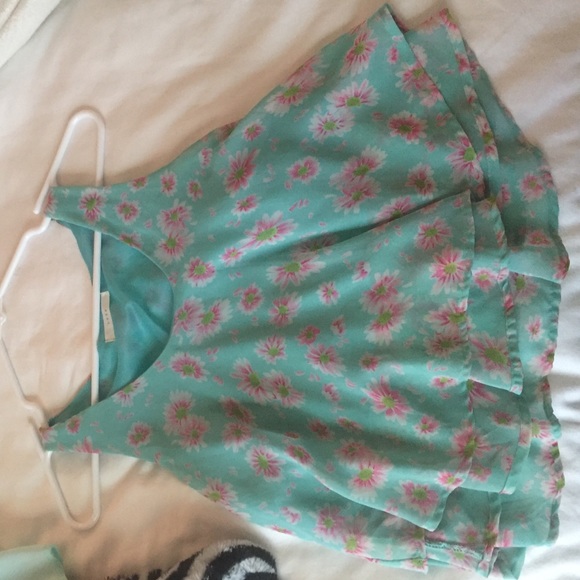 Mint green flower tank top with pink flowers