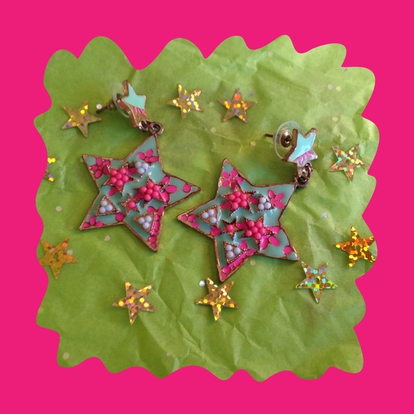 BJ PINK/GREEN STAR EARRINGS. - Picture 1 of 4