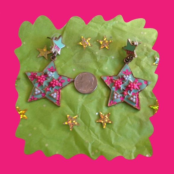 BJ PINK/GREEN STAR EARRINGS. - Picture 3 of 4