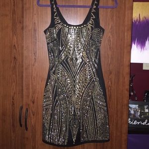 Bebe black and gold bodycon dress sz small