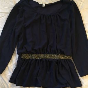 Chiffon navy top with sequin waist-cinch