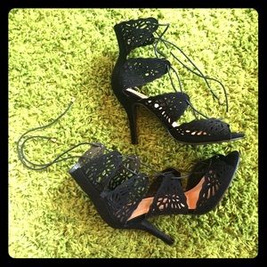 Suede, Open-Toe, Laced Up Heel