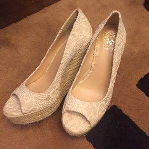 Lace Embroidered Neutral Peep Toe Wedges
