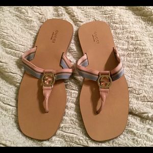 Authentic Gucci Silver Logo Flat Sandals Size 7.5