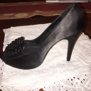Black flower embellished peep toe heels