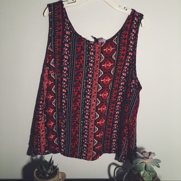Printed red, black, white and navy blue tank.