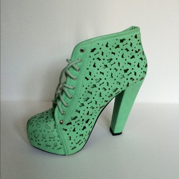 Mint green "lace" heel booties